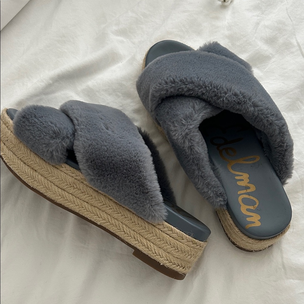 Sam Edelman Blue Fuzzy Platform Sandals